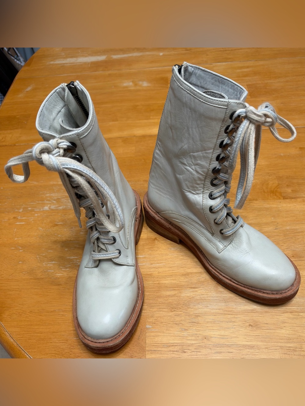 Free People Santa Fe Lace-Up Boots in Ecru with Wooden Sole, Size 37.